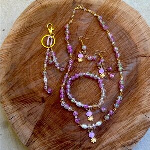 Gold and Purple Glass Beaded Necklace, Bracelet, Earrings and Key/Purse Charm